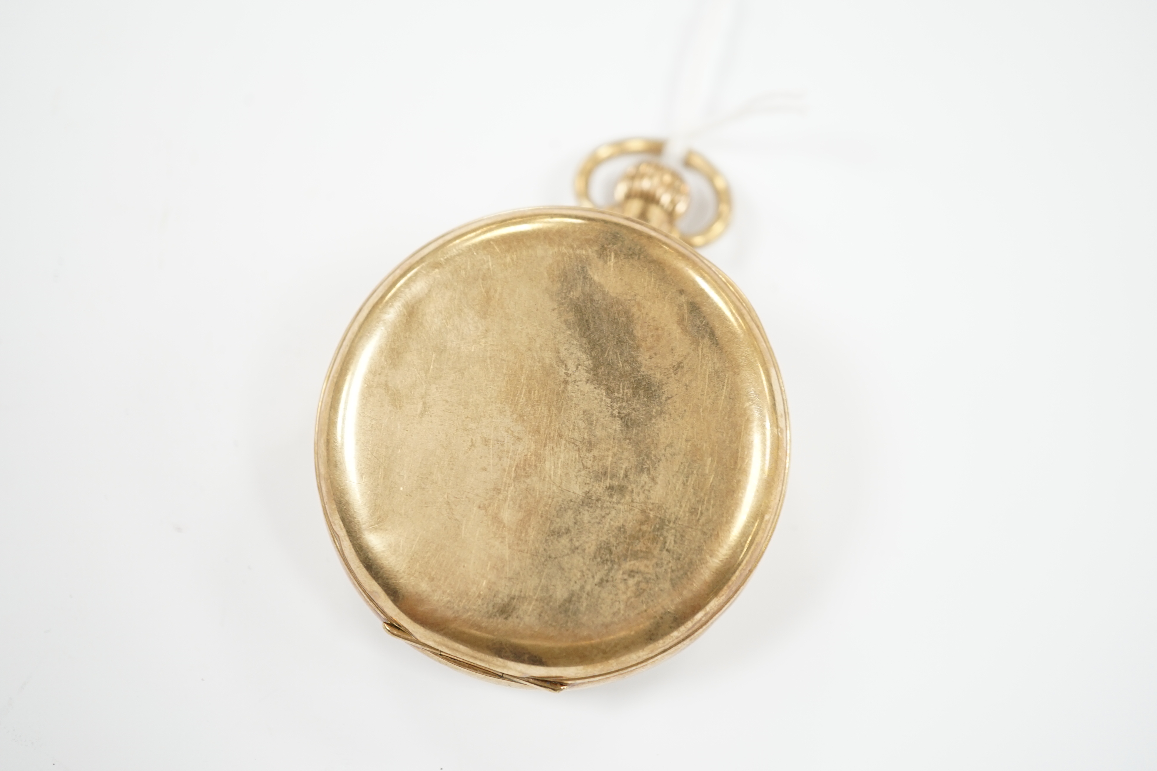 A George V 9ct gold open face keyless pocket watch, retailed by H.L. Brown Ltd, with Arabic dial and subsidiary seconds, case diameter 48mm, gross weight 78.5 grams